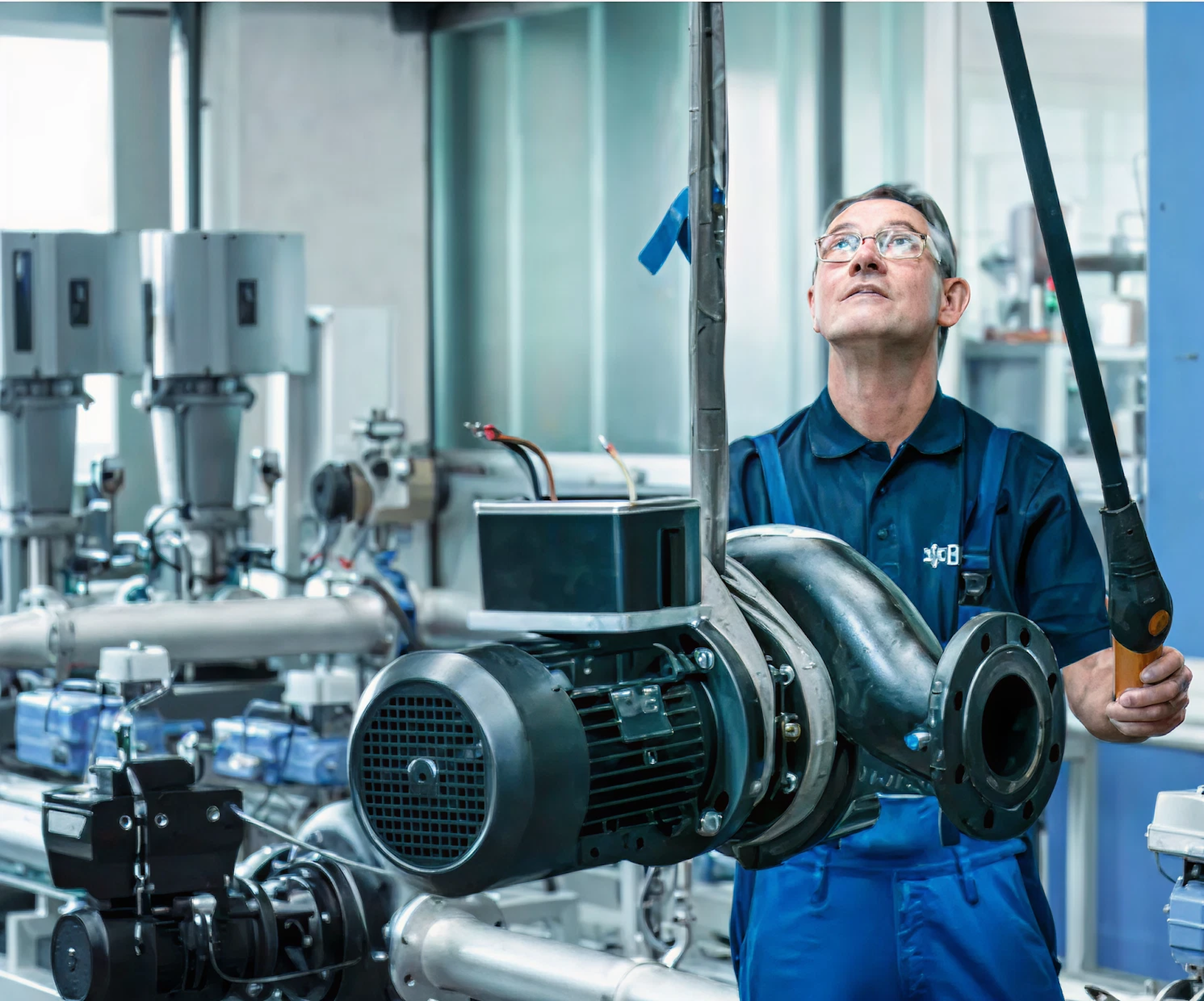 Un technicien de maintenance Biral examine une pompe en ligne dans la chaufferie