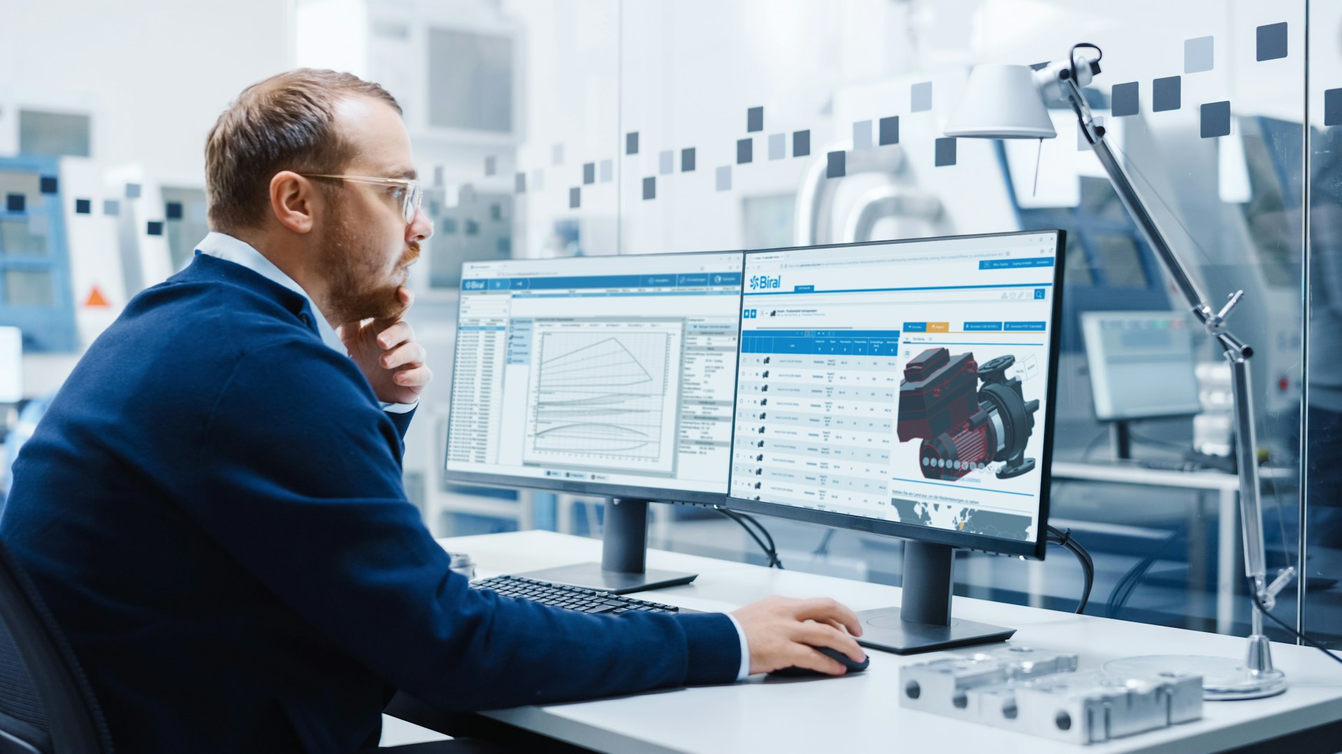 Mitarbeiter arbeitet am Bildschirm mit der Biral Auslegungssoftware