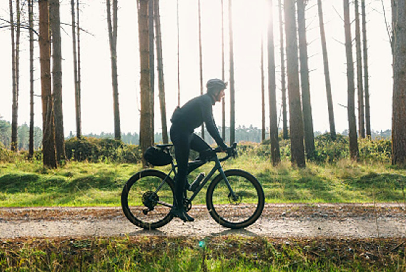 Image of a man riding a mountain back on a gravel track through some trees