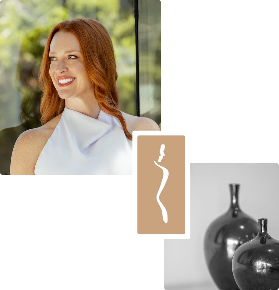 woman smiling and two vases