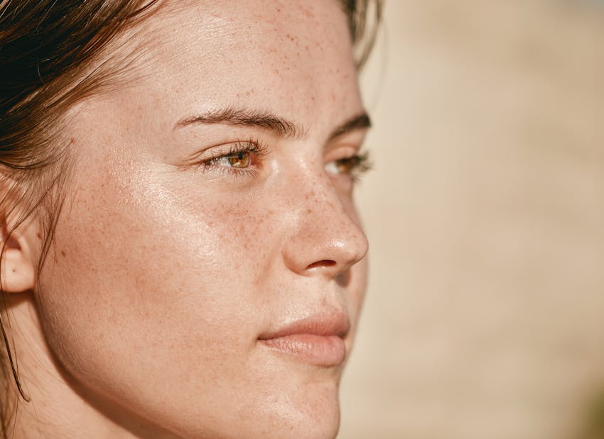 close up of womans face, 3/4 view
