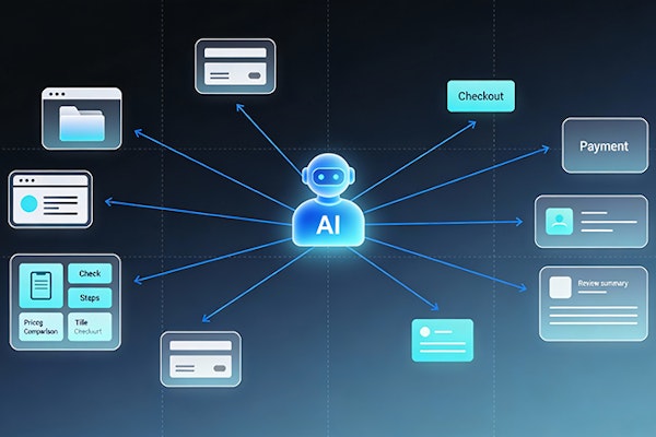 Conceptual diagram showing an AI agent comparing products across different e-commerce websites
