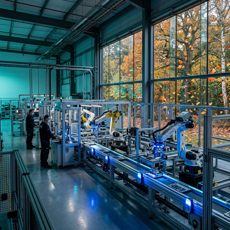 UK factory production line with AI robotic arms and sensors