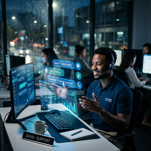 AI customer support chatbot with holographic chat interface