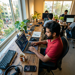 Person coding on laptop in creative workspace with blue lighting