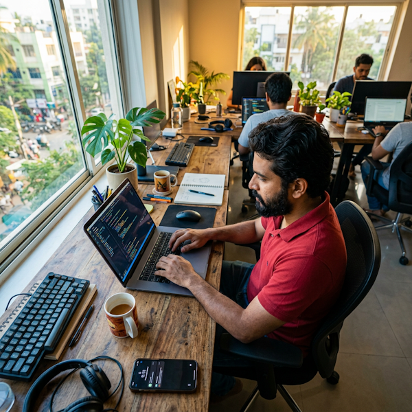 Person coding on laptop in creative workspace with blue lighting