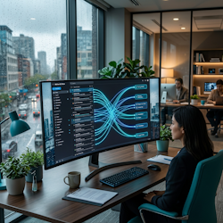 Email inbox with AI sorting visualisation on monitor
