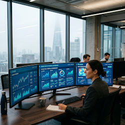 Finance dashboard with AI analytics on multiple screens