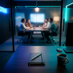 Policy document on desk with team meeting in background