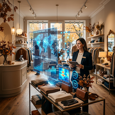 Retail shop with AI demand forecasting holographic overlay