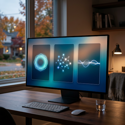 Three AI assistant interfaces on widescreen monitor