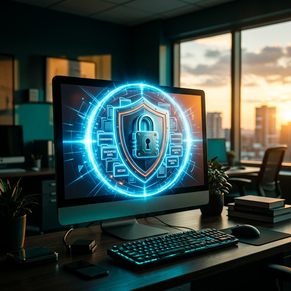 Digital lock protecting confidential files with blue security barrier