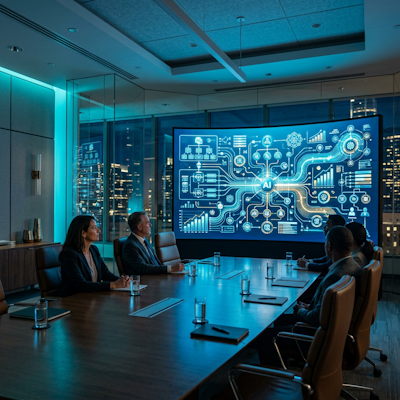 Corporate boardroom with AI governance framework display