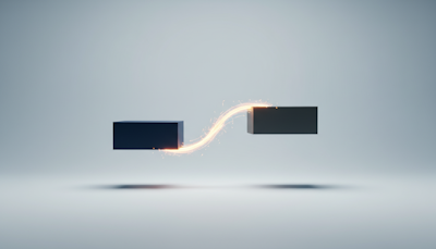 Abstract 3D illustration of two dark blocks connected by a glowing beam of light, representing technology integration