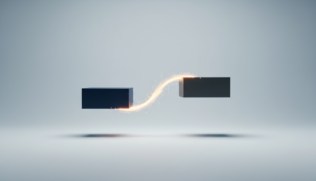 Abstract 3D illustration of two dark blocks connected by a glowing beam of light, representing technology integration