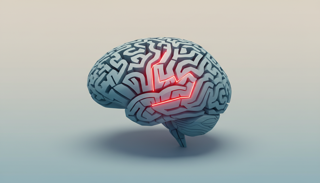 3D illustration of a brain-shaped maze with illuminated red pathways, representing AI decision-making in insurance