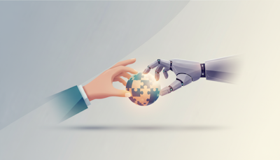 Illustration of a human hand and robotic hand collaboratively holding a glowing puzzle globe, representing AI partnership