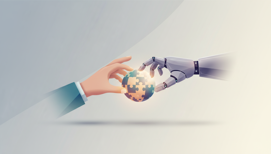 Illustration of a human hand and robotic hand collaboratively holding a glowing puzzle globe, representing AI partnership