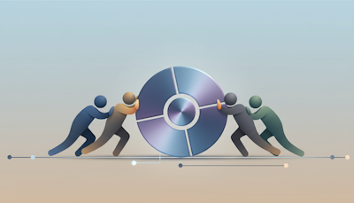 Abstract illustration of figures collaboratively pushing a large disc together, representing strategic business partnership