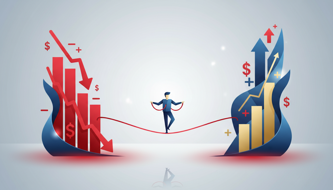 Illustration of a businessperson balancing on a tightrope between declining and rising financial charts, representing startup growth strategy