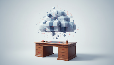 3D illustration of a desk with an abstract cloud formation of digital blocks above it, representing cloud computing infrastructure
