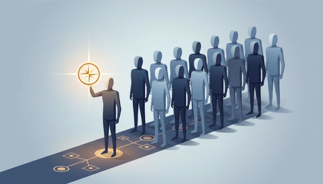 Abstract illustration of a highlighted figure addressing a group, representing new executive leadership appointment