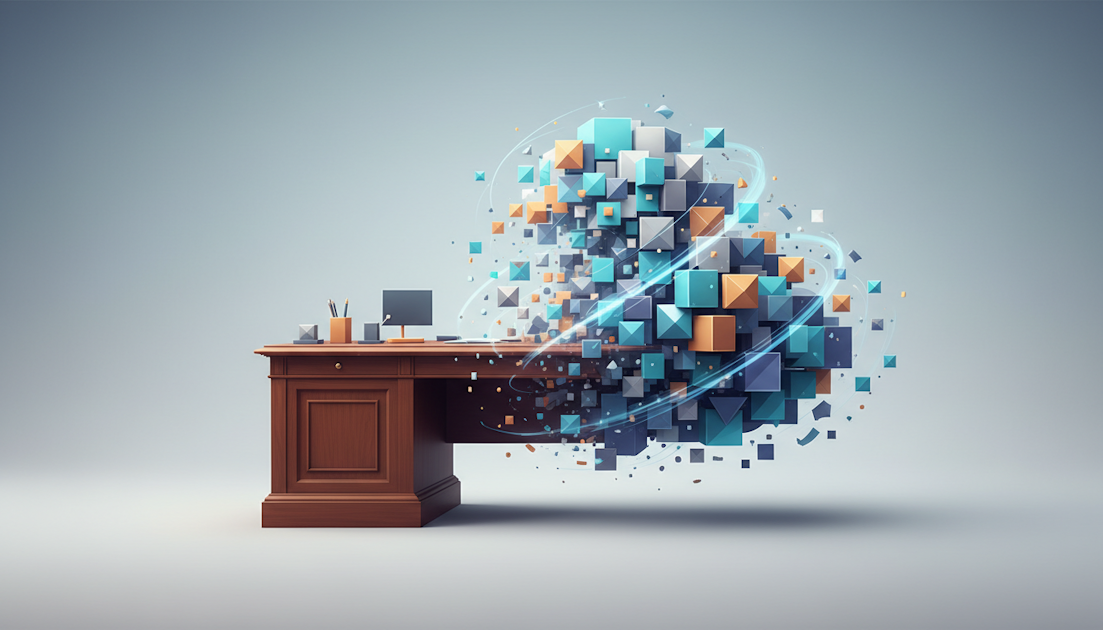 3D illustration of a desk with colourful digital blocks streaming into a cloud formation, representing cloud infrastructure expansion