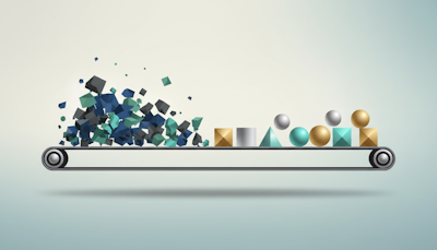 3D illustration of a conveyor belt transforming raw blocks into polished geometric shapes, representing AI-driven manufacturing