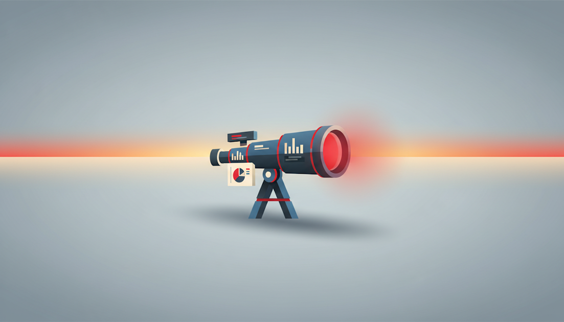 3D illustration of a telescope with analytics and a red beam, representing financial crime detection technology
