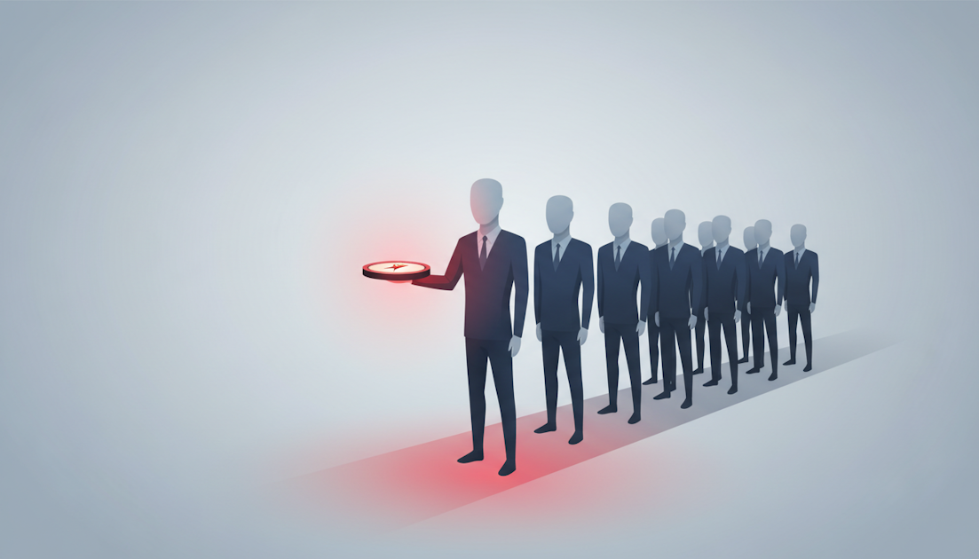 Row of identical figures with leader holding glowing red disc