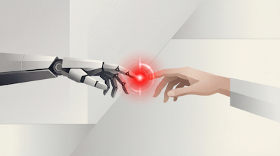 Robot and human hands meeting representing AI trust
