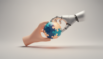 Human and robot hands collaborate on healthcare AI