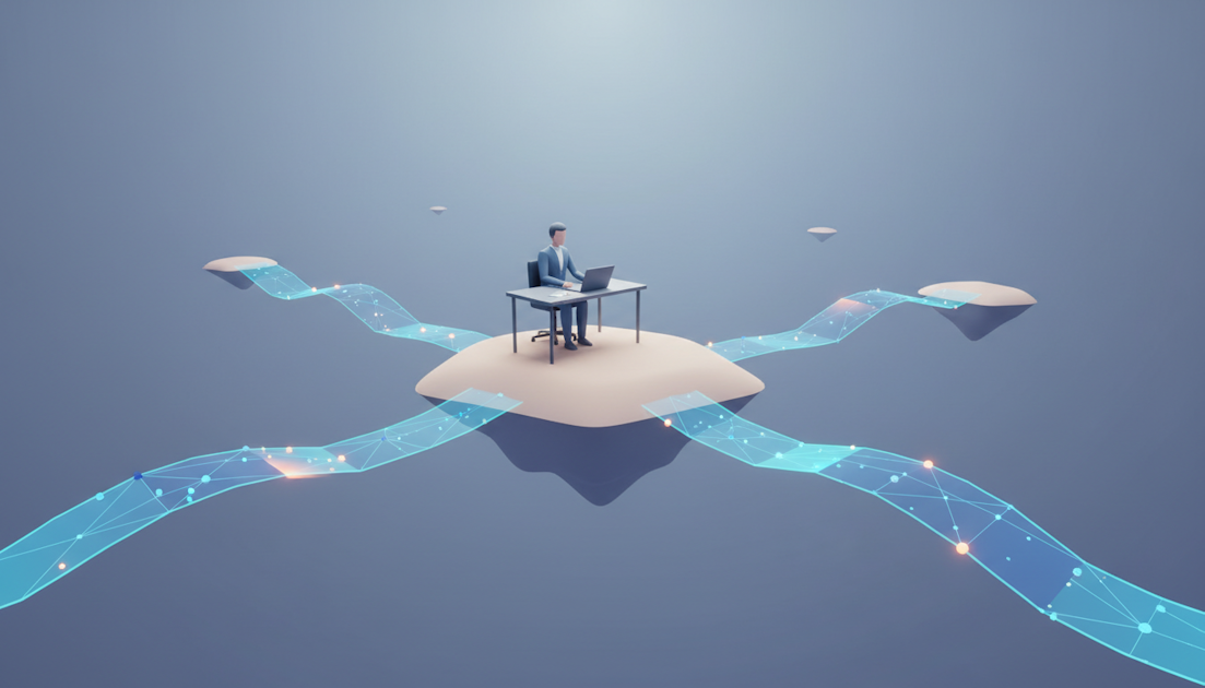 IT professional working at desk surrounded by network streams