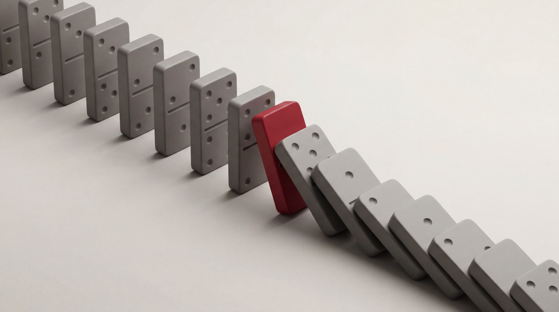 Domino cascade halted by a red block symbolising data resilience