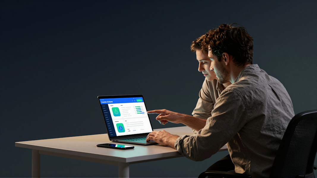 A small-business colleague using an AI assistant dashboard on a laptop