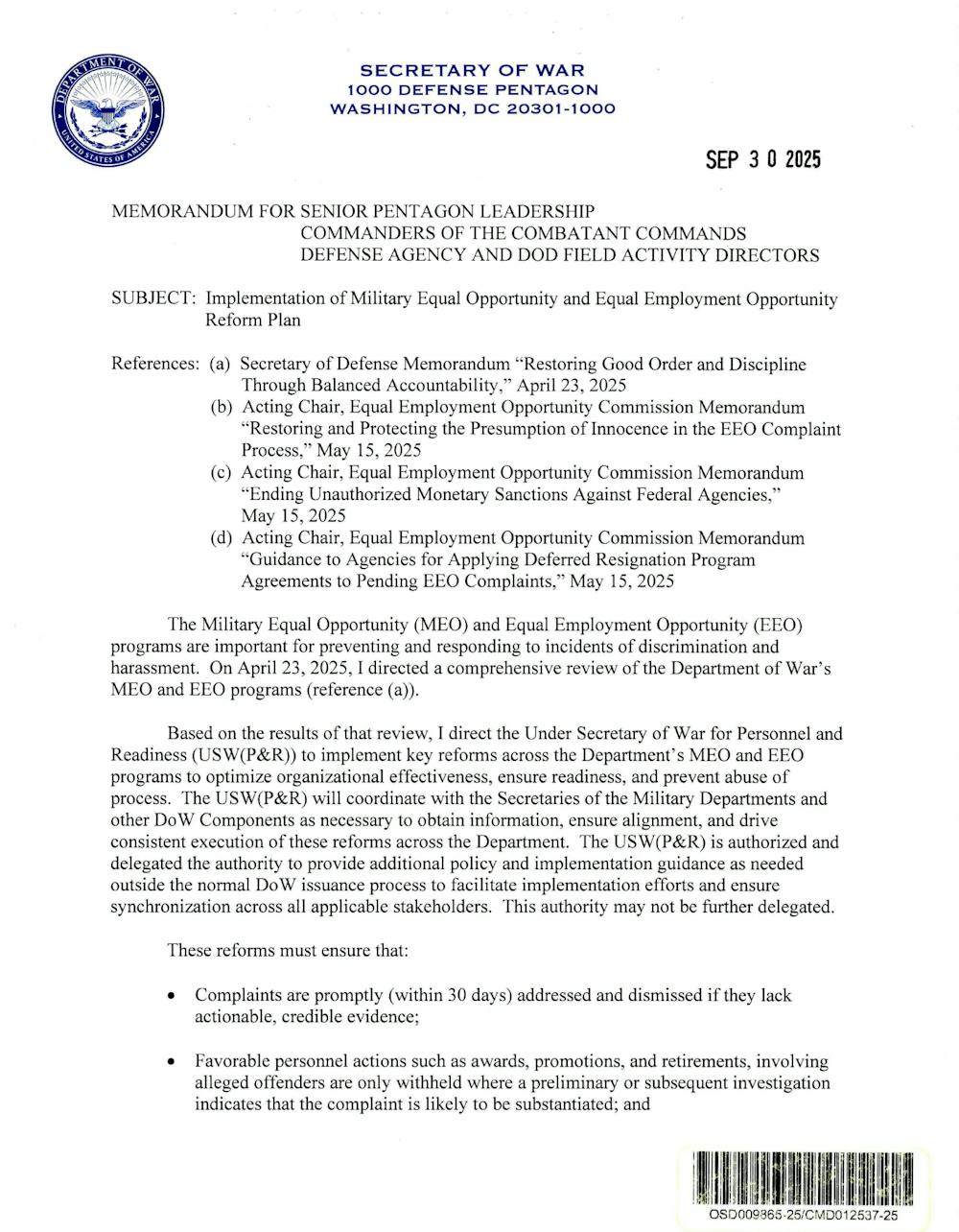 Secretary of War Memorandum