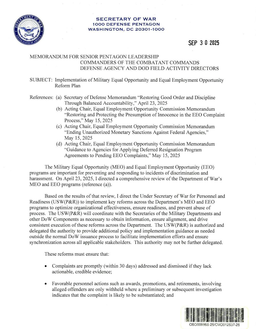 Secretary of War Memorandum