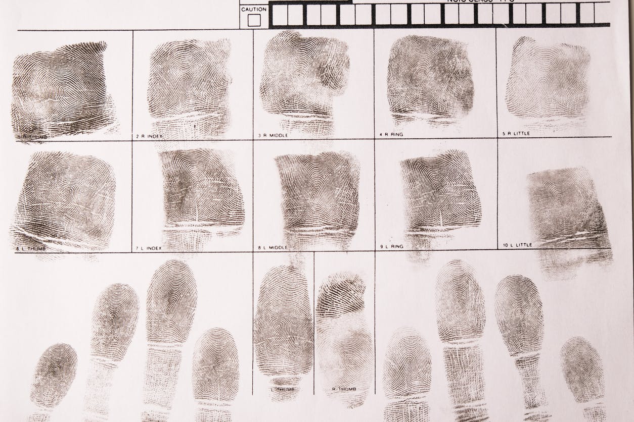 Close-up fingerprint card with fingerprints, forensic examination