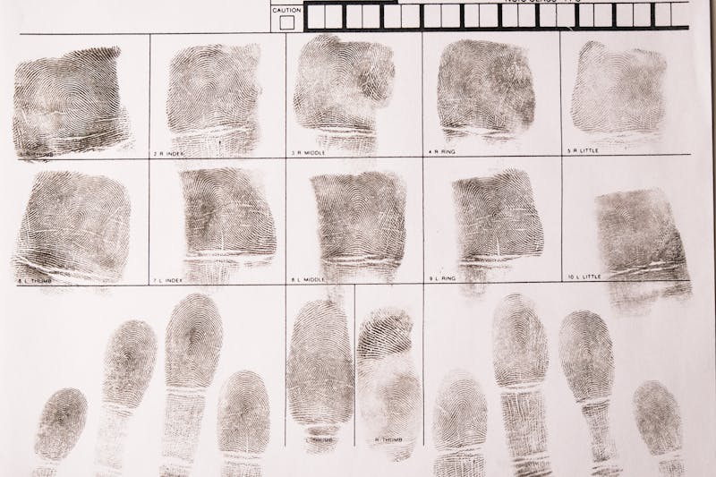 Close-up fingerprint card with fingerprints, forensic examination