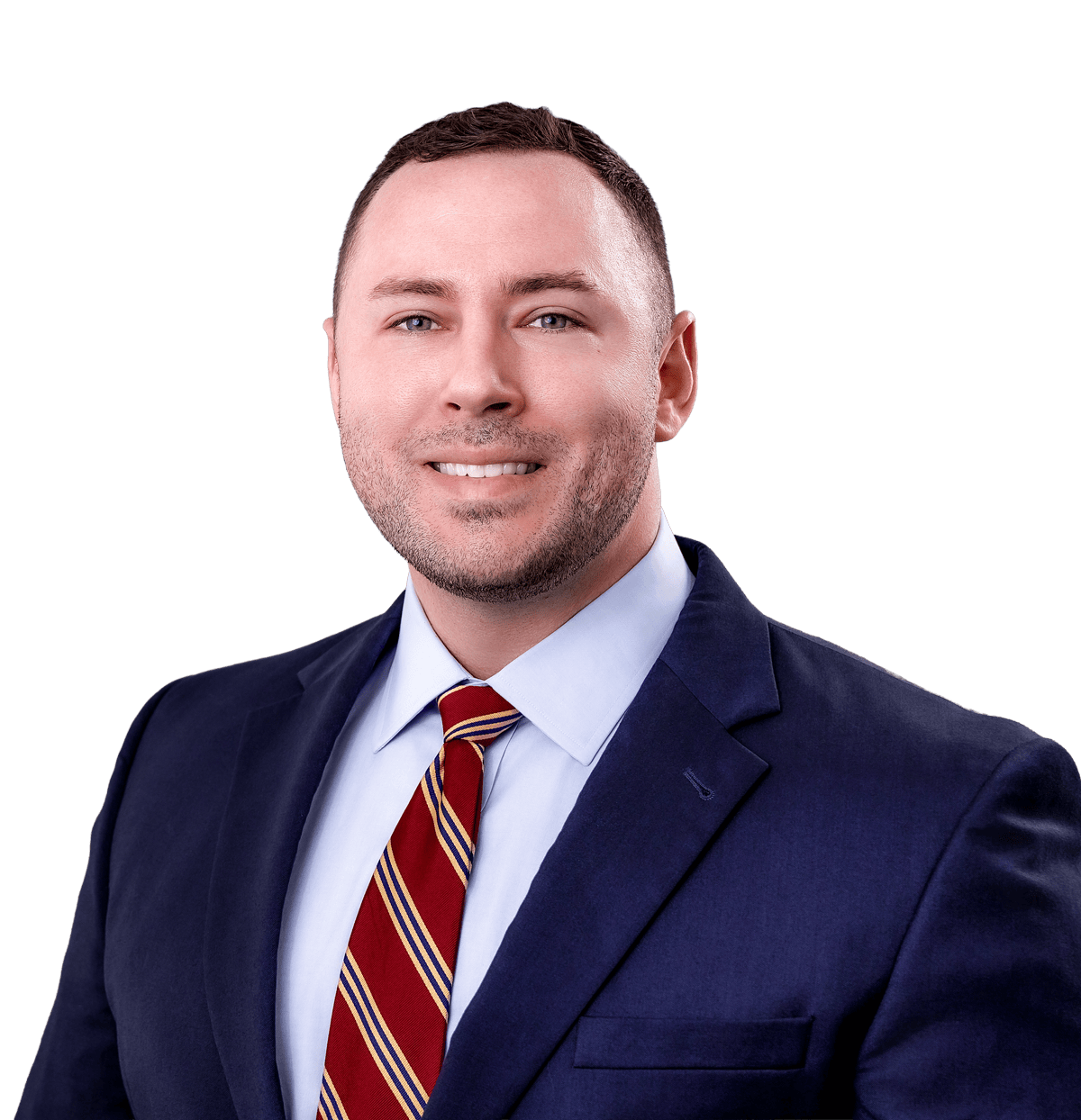 man in blue suit and red striped tie