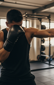 Man boxing in gym with a black vest