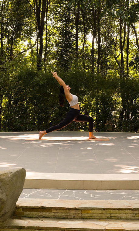 Women performing yoga pose against tropical greenery