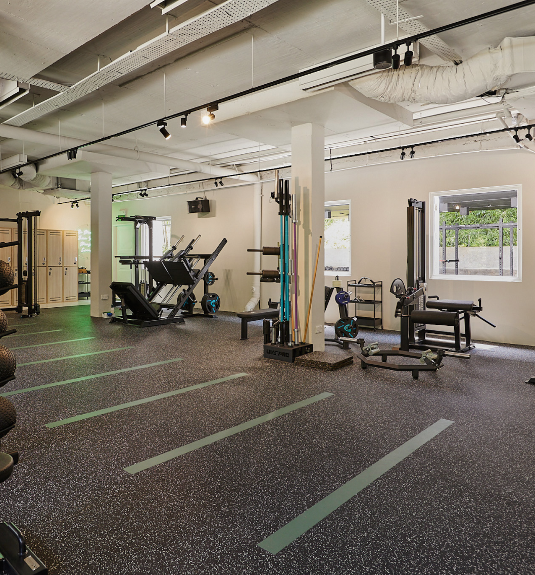 Gym with modern machines, natural light and an industrial aesthetic