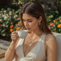 Western women drinking a cup of tea surrounded by greenery
