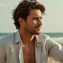 Western man with a white shirt infront of a blue ocean