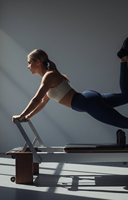 Women in white top and blue trousers stretching on a pilates machine