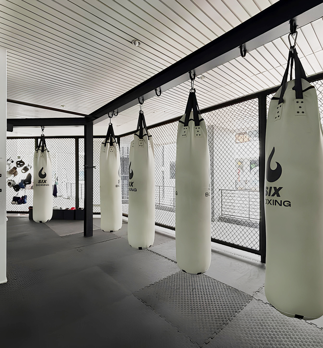 White punch bags hanging within an caged gym area