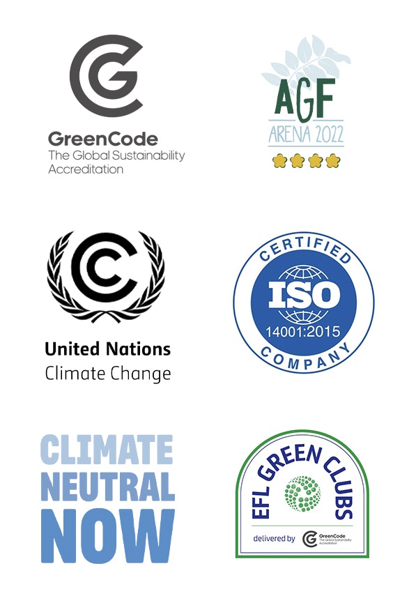 Logs for various awards including Green Code, EFL green clubs, UN Climate action, ISO 1400:2015 and Climate neutral now