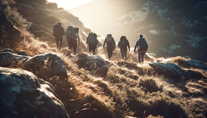 group people hiking mountains with sun shining them 1