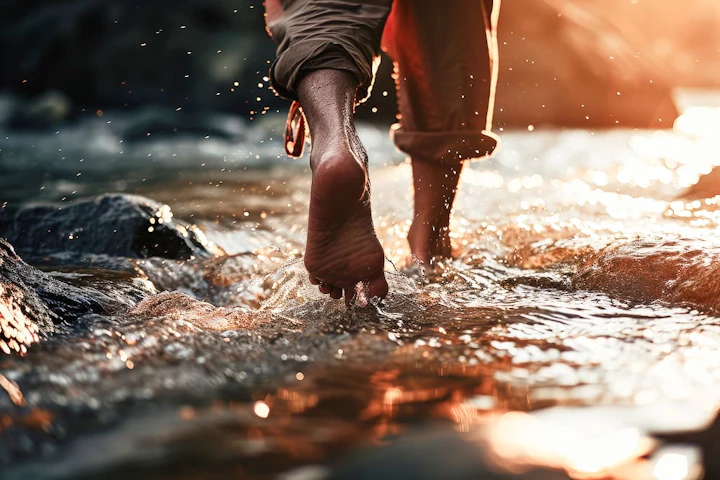view realistic feet touching clear flowing water 1